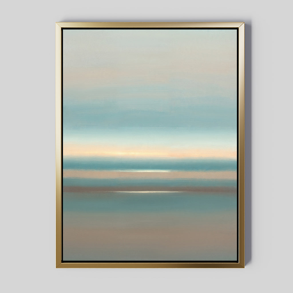 The Soft Tide Layers Canvas Art - Vertical features calming pastel blue, beige, and gray bands, evoking a serene seascape. Its metallic gold frame stands out against a light gray background, making it perfect as coastal wall art.