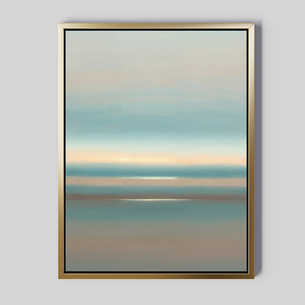 The Soft Tide Layers Canvas Art - Vertical features calming pastel blue, beige, and gray bands, evoking a serene seascape. Its metallic gold frame stands out against a light gray background, making it perfect as coastal wall art.