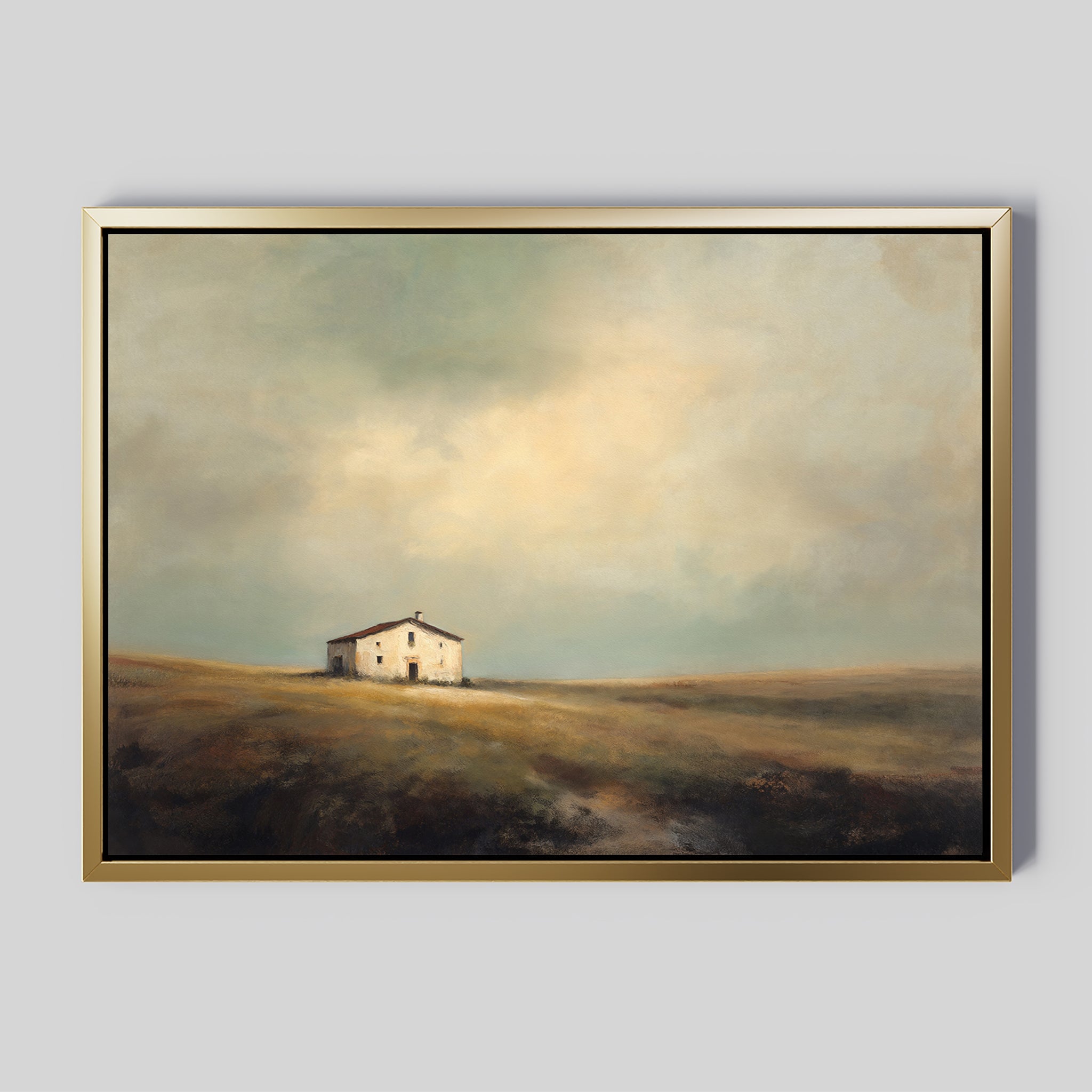 The Solitary House Canvas Art - Horizontal features a weathered white farmhouse on a grassy landscape beneath cloudy skies, framed in gold and set against a plain gray background.