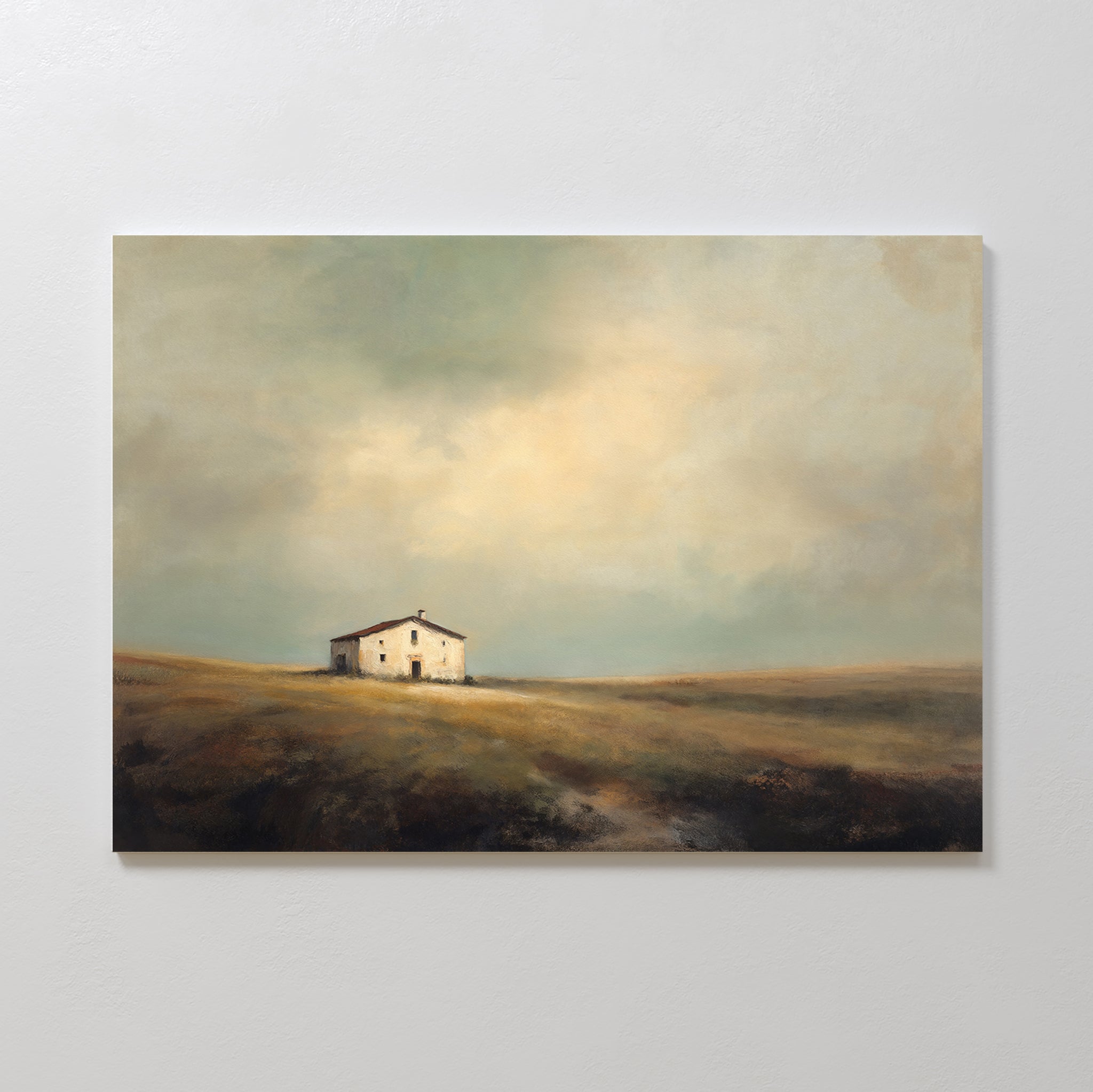 The Solitary House Canvas Art - Horizontal depicts a weathered white farmhouse on a grassy hill beneath a cloudy sky, with warm sunlight breaking through, evoking rustic charm and a serene, tranquil mood.