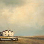 The Solitary House Canvas Art - Horizontal features a weathered white farmhouse on a wide, flat plain beneath a cloudy sky. Rustic brushstrokes evoke dreamy charm. A "Zoomed In Detail" label is shown at the bottom left.