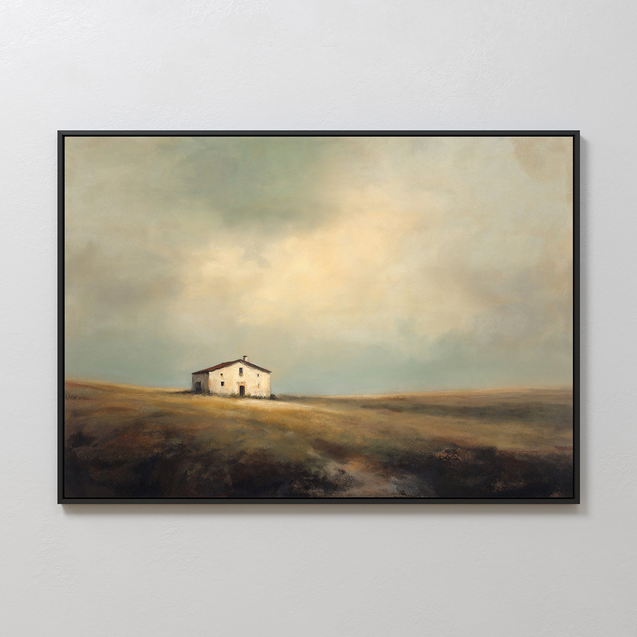 The Solitary House Canvas Art - Horizontal depicts a weathered white farmhouse on a grassy hill beneath a cloudy sky in warm, muted dawn or dusk colors, evoking rustic charm and peaceful, slightly melancholic vibes.
