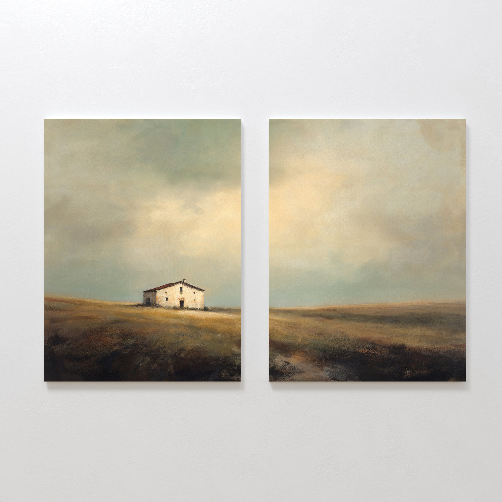 Solitary House - Set of 2: This two-panel artwork features a weathered white farmhouse on an open landscape beneath a cloudy sky. The left panel shows the house, while the right extends the field and sky in soft, muted tones for a tranquil feel.