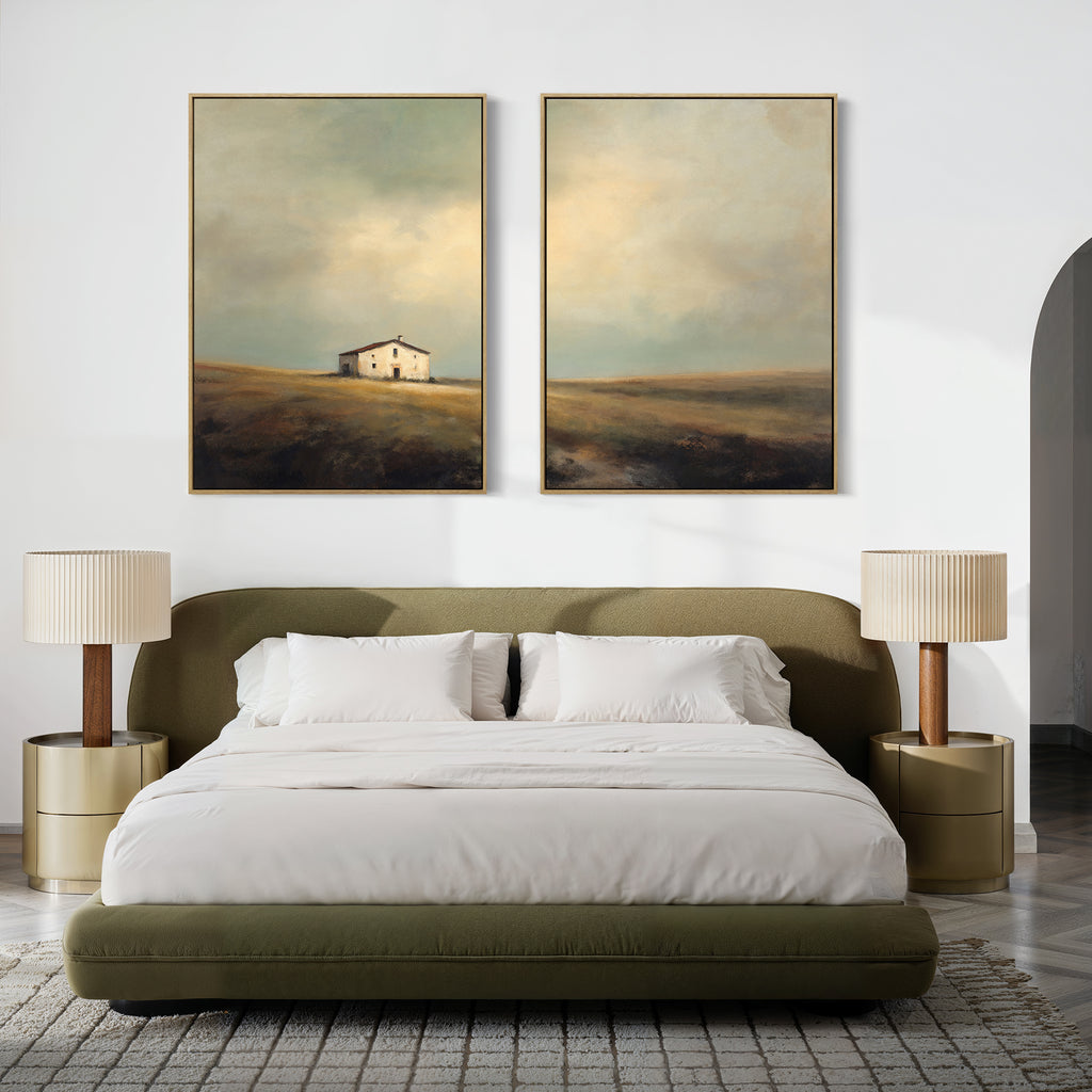 A modern bedroom featuring a green upholstered bed, white bedding, and beige nightstands comes alive with rustic charm, while the Solitary House - Set of 2 paintings above the bed evoke a peaceful countryside atmosphere.