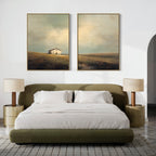A modern bedroom featuring a green upholstered bed, white bedding, and beige nightstands comes alive with rustic charm, while the Solitary House - Set of 2 paintings above the bed evoke a peaceful countryside atmosphere.