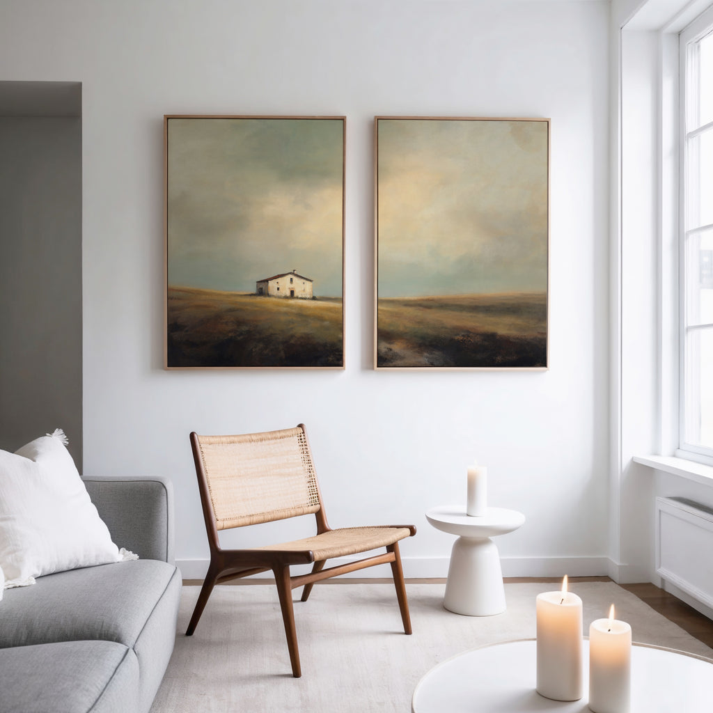 A modern, minimalist living room with rustic charm features a gray sofa, light wood chair, small round table, and candles. The Solitary House - Set of 2 evokes a countryside vibe above the chair as sunlight pours through large windows.