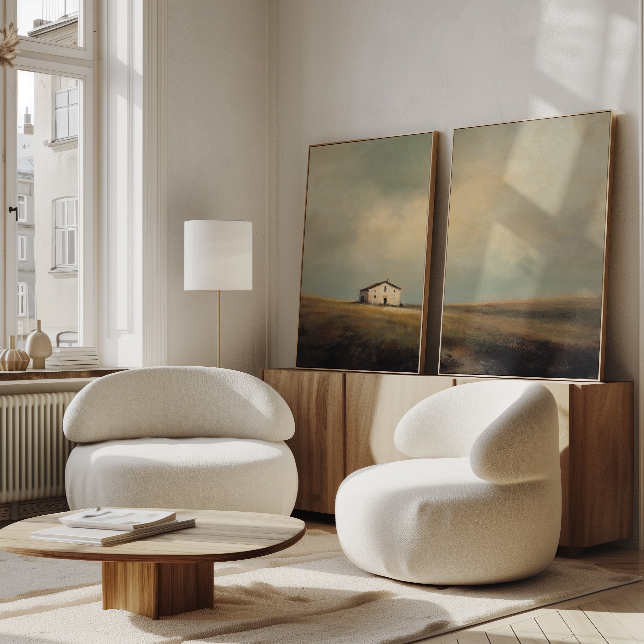 A modern living room with the Solitary House - Set of 2 curved white chairs, a low wooden table, sideboard, rustic accents, two landscape paintings, a floor lamp, and large windows with abundant natural light.