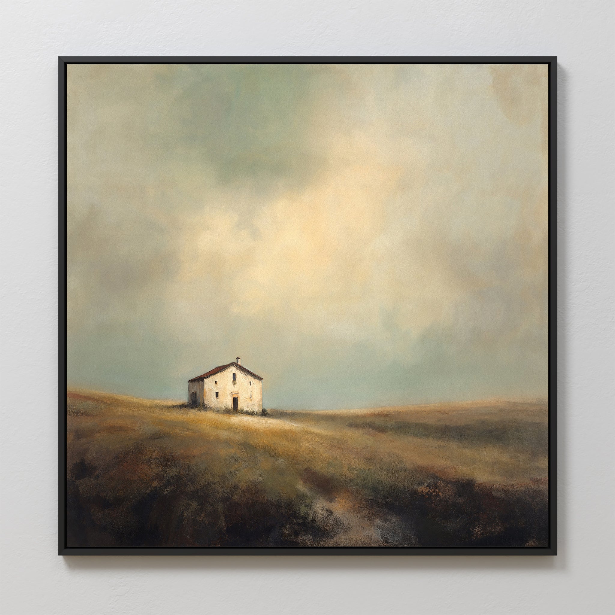 The Solitary House Canvas Art - Square features a weathered white farmhouse on a grassy hill beneath a softly-lit sky, capturing rustic charm and serenity with its warm, muted tones.