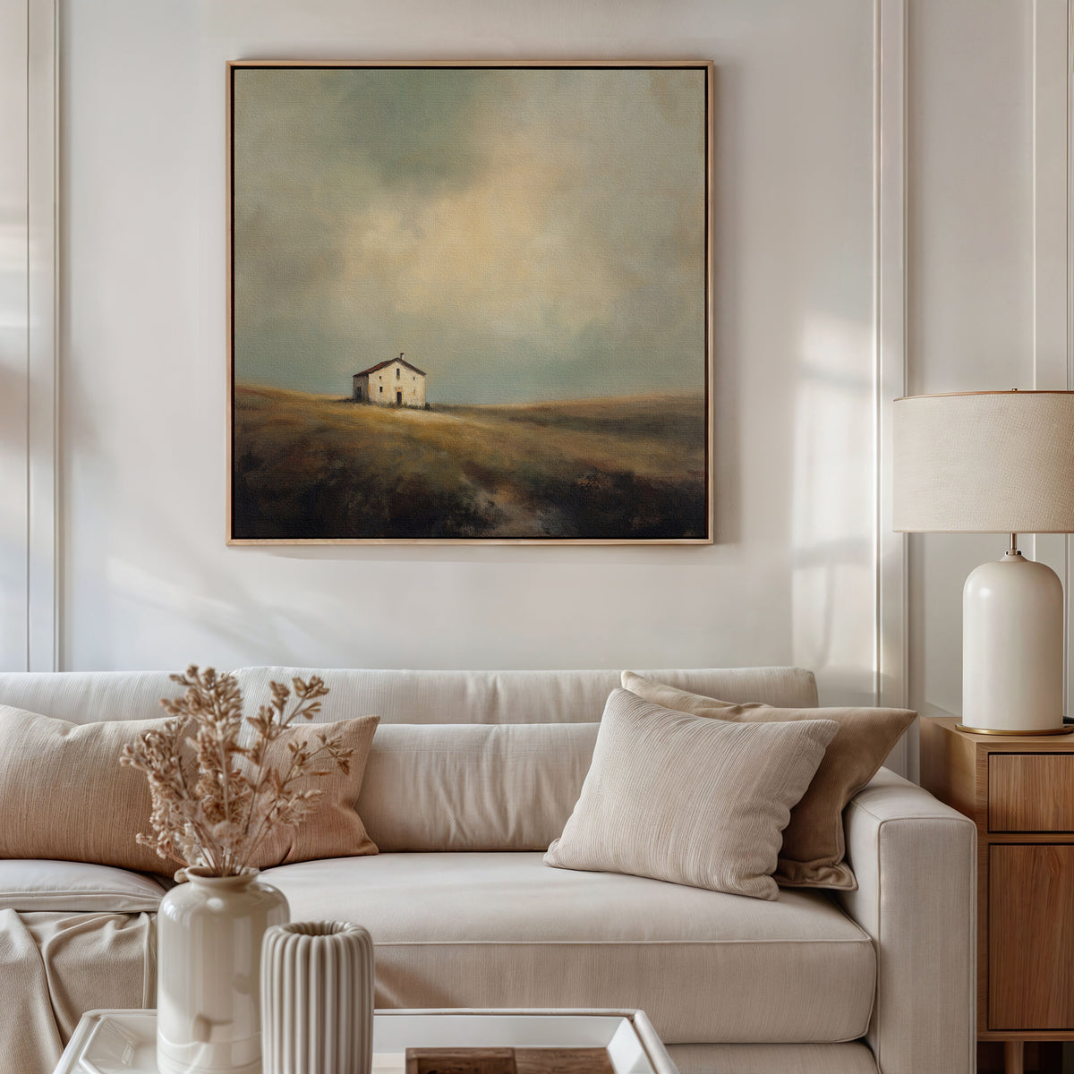 A cozy living room features a white sofa, beige cushions, side table with white lamp, dried flowers in a vase, and the Solitary House Canvas Art - Square hanging above the sofa.
