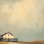 A weathered white farmhouse with a red roof stands alone on a barren plain under cloudy skies. Soft, painted textures and muted tones give rustic charm to the Solitary House Canvas Art - Square. Text: Zoomed In Detail. A striking canvas print.