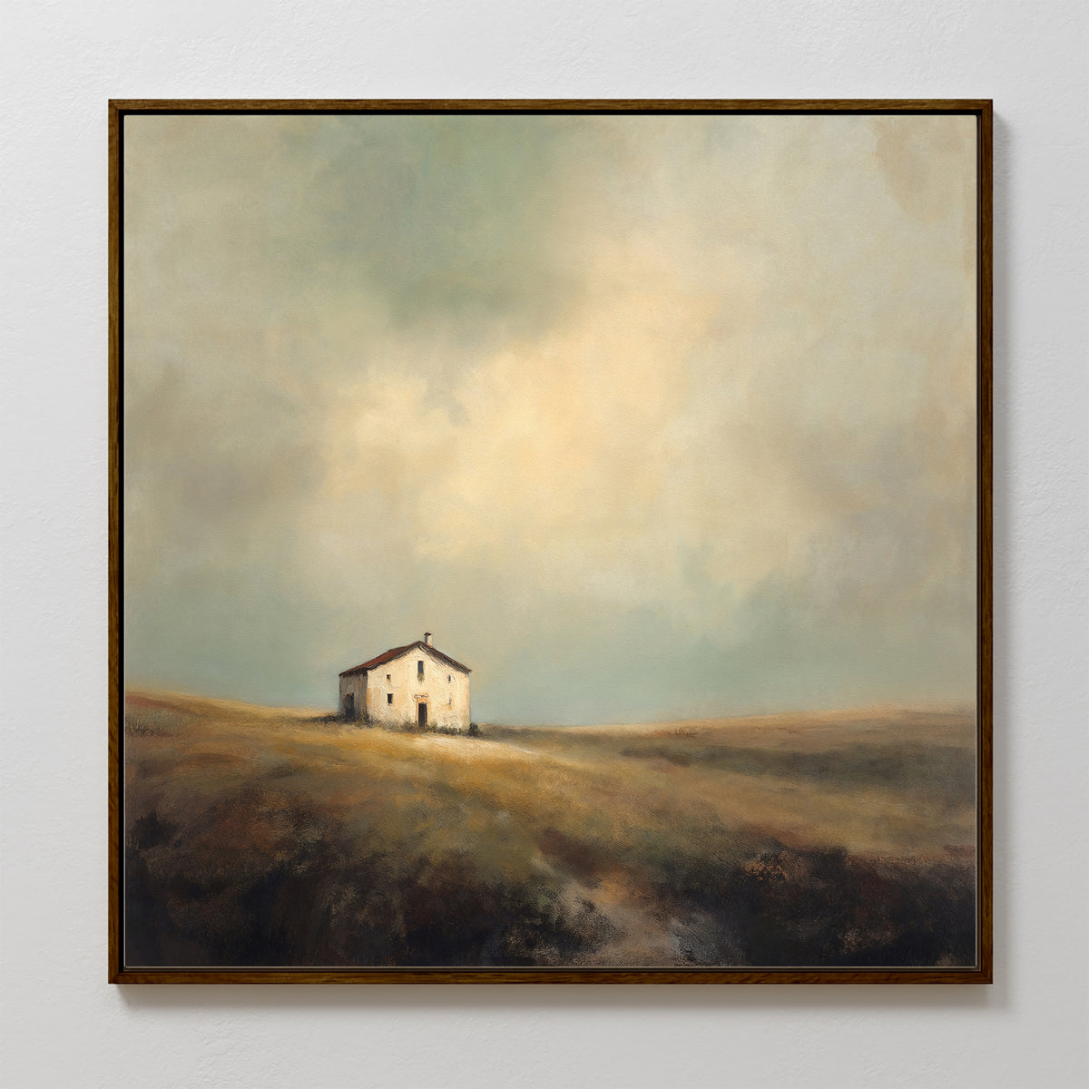 The Solitary House Canvas Art - Square features a weathered white farmhouse atop a grassy hill under a vast cloudy sky, highlighted by soft light and earthy tones for rustic charm. The framed artwork elegantly decorates any plain wall.