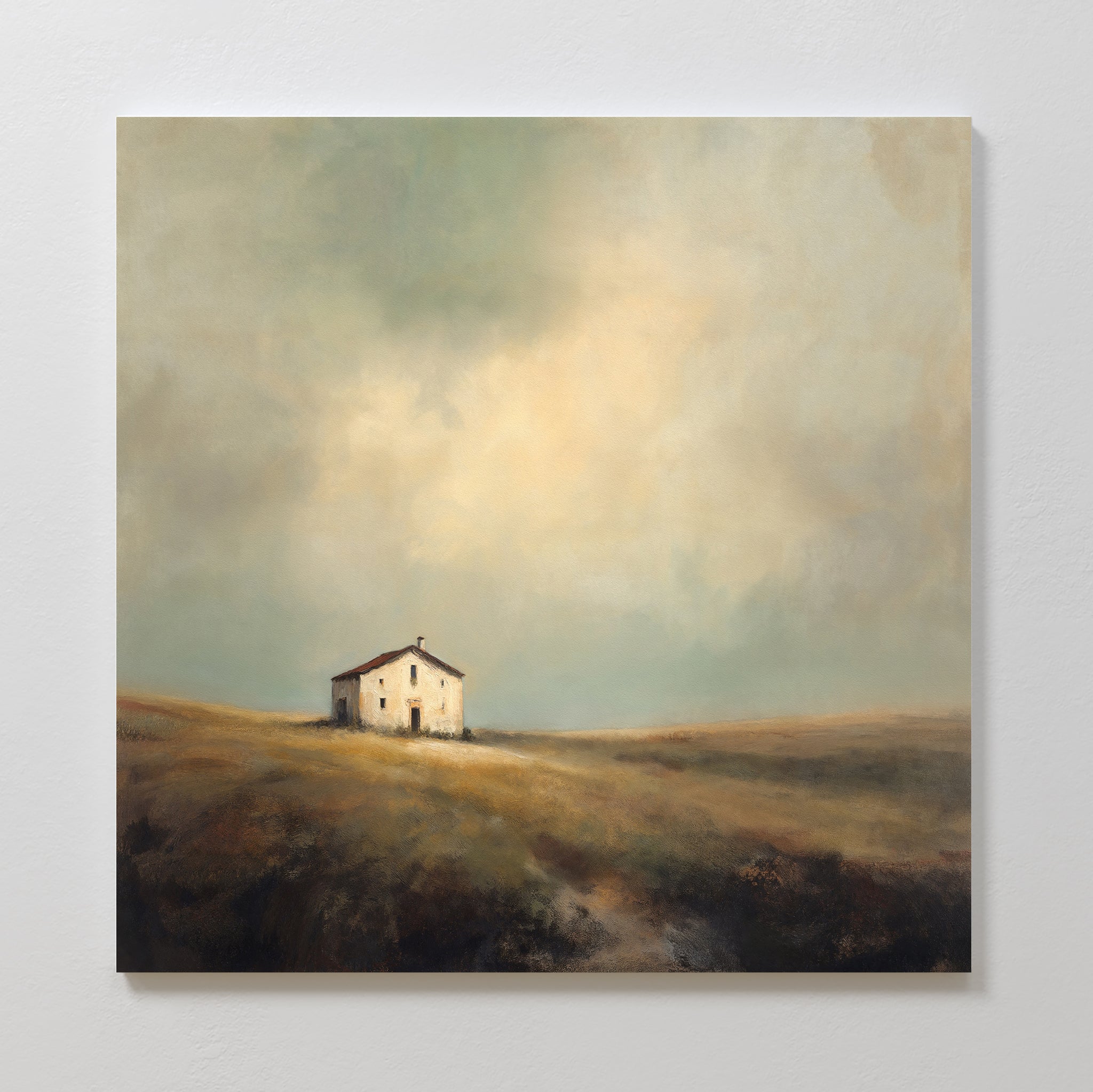 The Solitary House Canvas Art - Square features a weathered white farmhouse on a grassy hill under cloudy skies, with warm light and muted earth tones—creating a peaceful, rustic scene perfect for your wall.