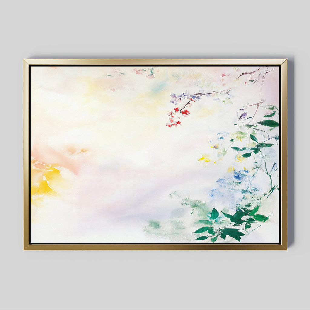 The Spring Reverie Canvas Art - Horizontal features soft pastel hues with delicate green, blue, and red floral branches on a light background—ideal for adding a serene, airy touch to any space and perfect for lovers of floral décor.