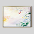 The Spring Reverie Canvas Art - Horizontal features soft pastel hues with delicate green, blue, and red floral branches on a light background—ideal for adding a serene, airy touch to any space and perfect for lovers of floral décor.