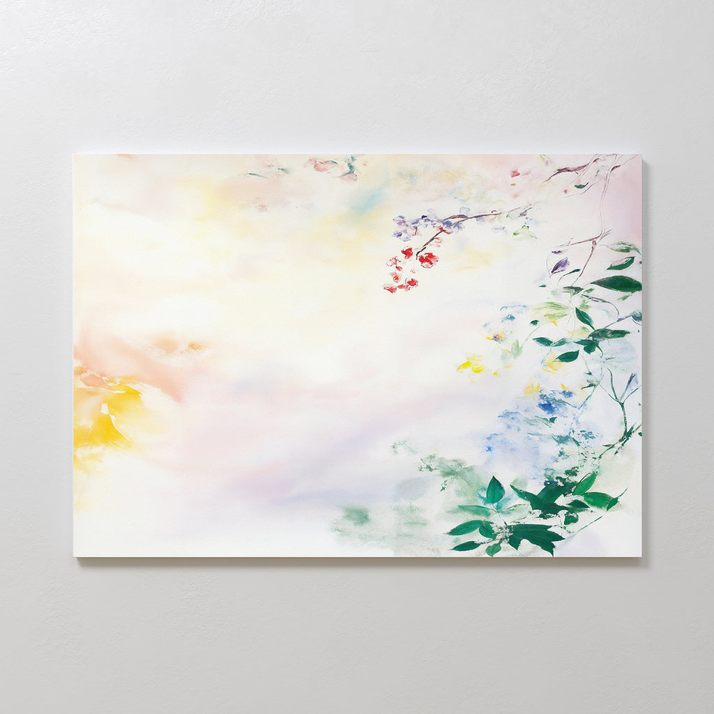 The Spring Reverie Canvas Art - Horizontal features soft pastel watercolors, with delicate green leaves and vibrant flowers along the edges fading into an airy center—perfect floral decor for brightening up any light-colored wall.