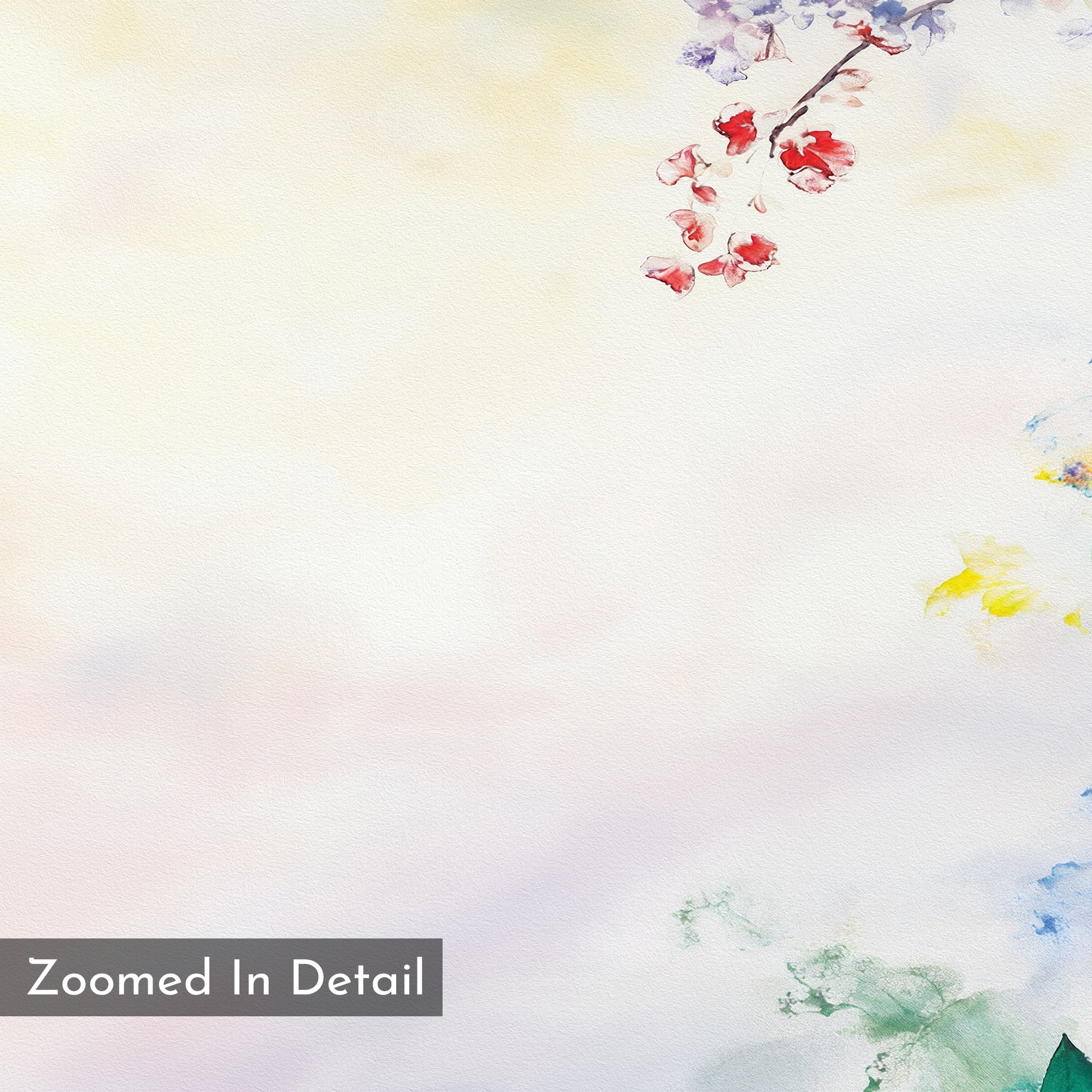 Spring Reverie Canvas Art - Horizontal features delicate red, purple, and yellow florals on a soft pastel background, with a gray “Zoomed In Detail” label at the bottom left corner for added elegance.