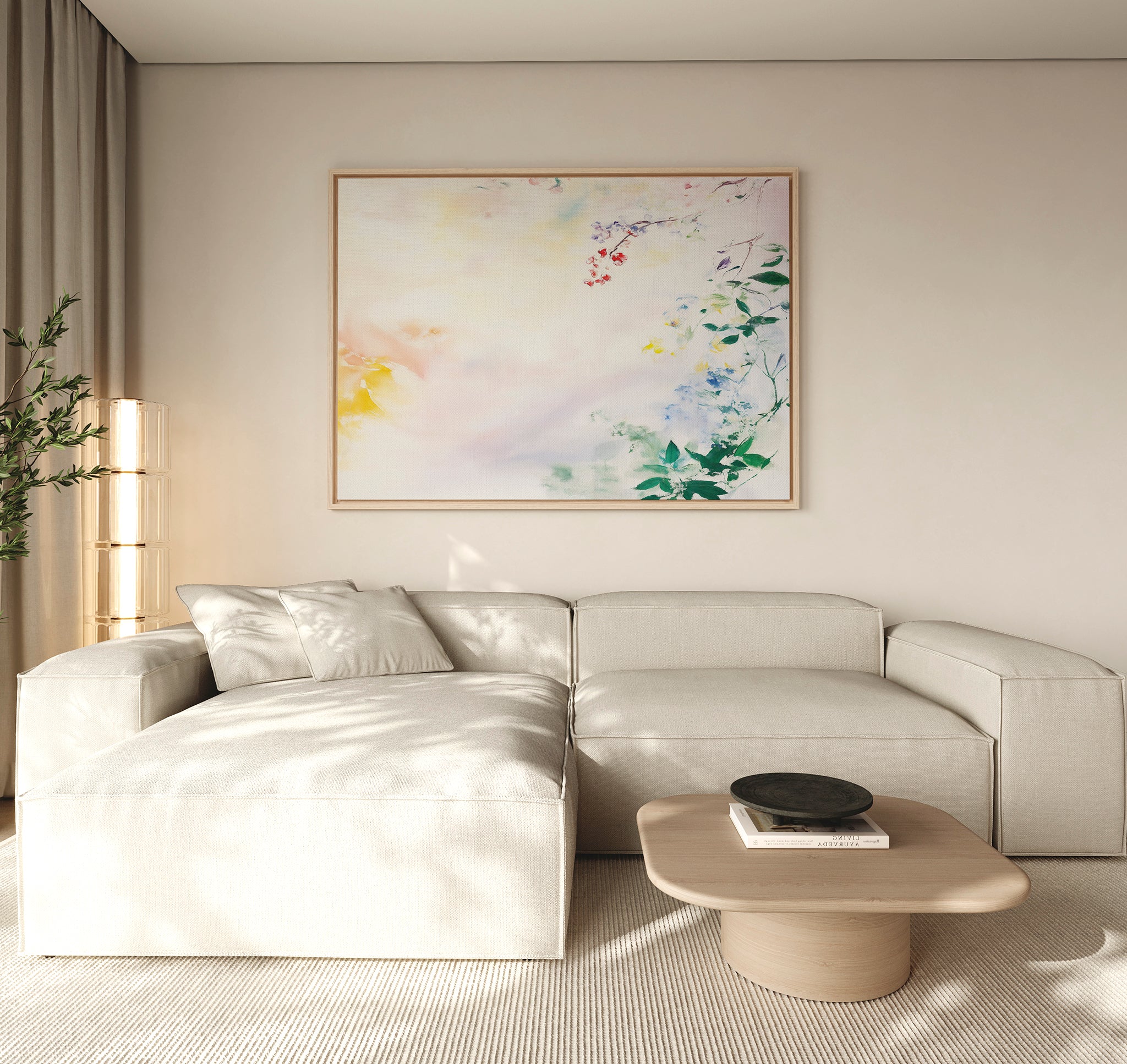 A modern living room with a light beige sectional sofa, wooden coffee table, light carpet, and the Spring Reverie Canvas Art - Horizontal featuring pastel floral hues displayed above the sofa.