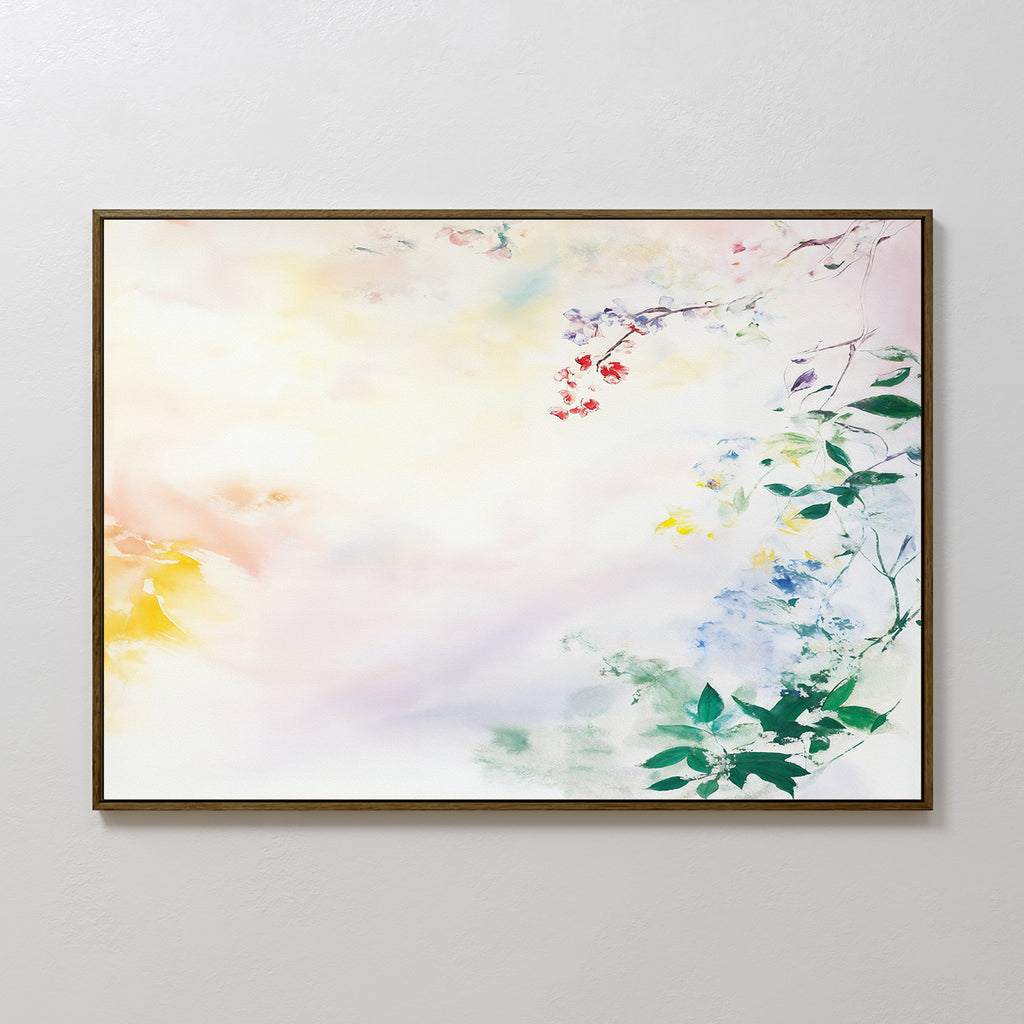 Spring Reverie Canvas Art - Horizontal features a soft pastel background with delicate green leaves, blue and yellow flowers, and small red blossoms for a dreamy, airy nature-inspired floral decor.