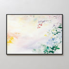 Spring Reverie Canvas Art - Horizontal features soft pastel watercolor hues of yellow, pink, and blue with green leaves along the right edge on a light background—ideal for adding a touch of floral decor to your space.