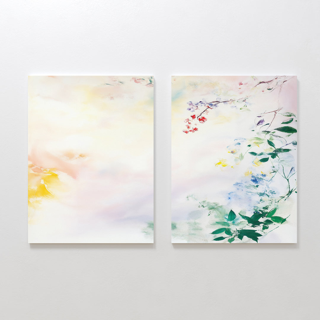 Spring Reverie - Set of 2: One canvas features a watercolor-style botanical design with green leaves and colorful flowers, while the other displays abstract pastel shading—ideal floral home decor.