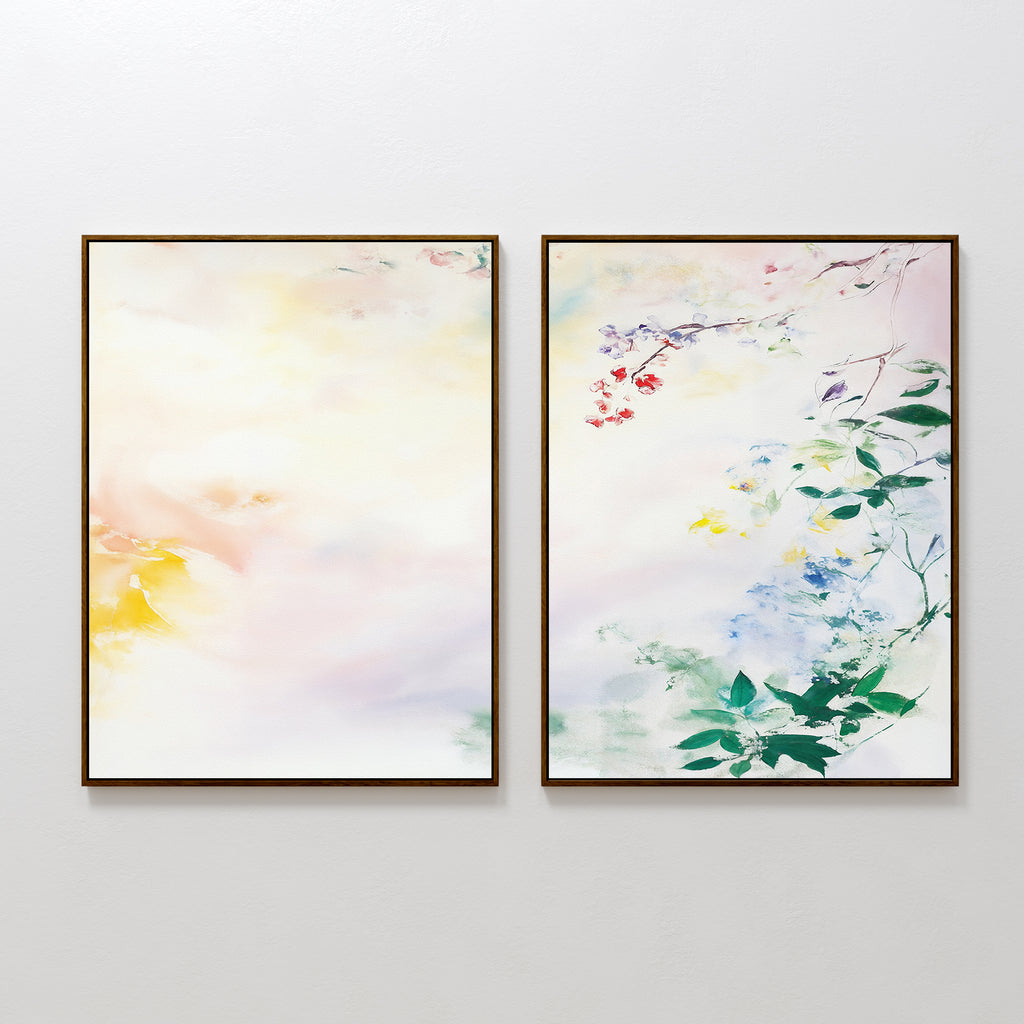 Spring Reverie - Set of 2 is a diptych with soft pastel colors: the left panel shows abstract light hues, while the right features delicate branches and leaves with vibrant red, blue, and yellow flowers—ideal for floral home decor.