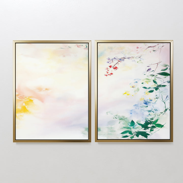 The "Spring Reverie - Set of 2" features two framed wall art pieces: one with soft pastel abstract watercolor, and the other with a botanical canvas print of delicate green leaves and colorful flowers—ideal for floral home decor.