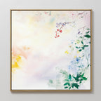 Spring Reverie Canvas Art - Square: A framed watercolor print with soft pastel hues and delicate floral branches along the edges, bringing an airy, ethereal touch to any mostly white space—perfect botanical wall art.
