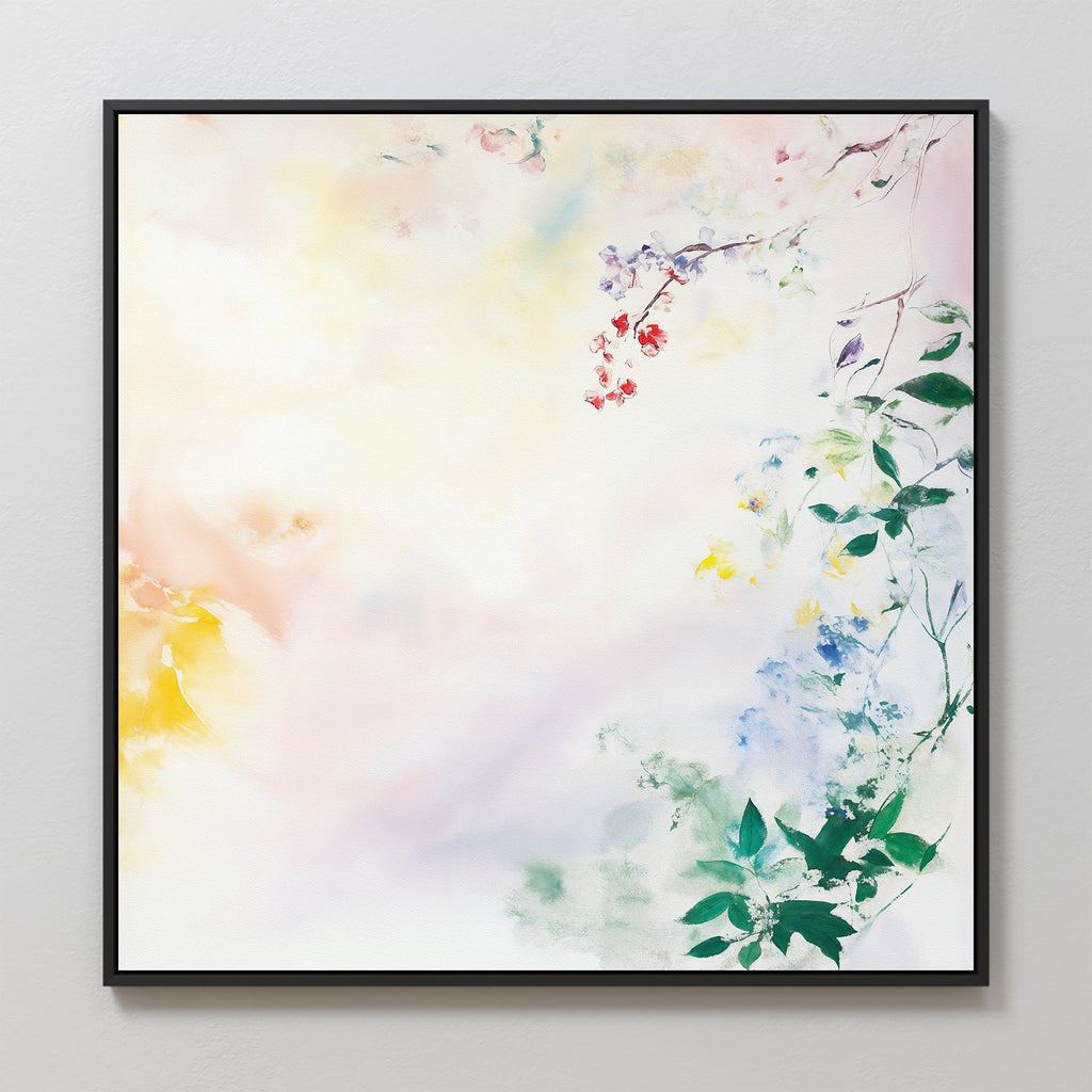Spring Reverie Canvas Art - Square: A framed abstract watercolor print with soft pastel tones, green leaves, and delicate red, blue, and yellow flowers—perfect botanical wall art for bright, airy spaces.