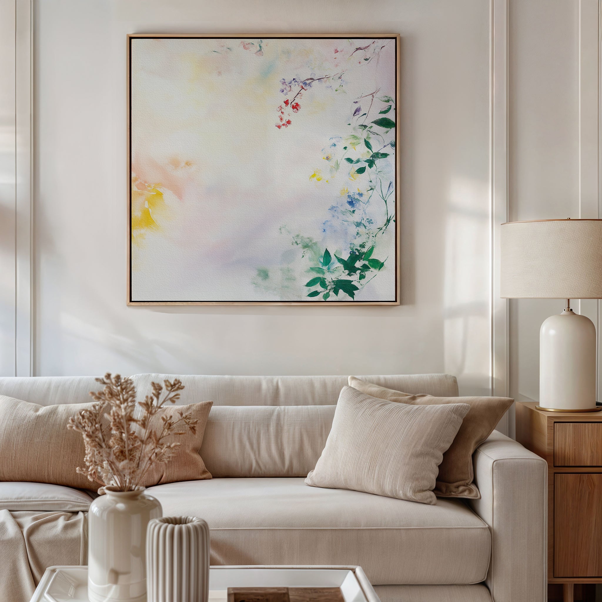 A neutral-toned living room features a beige sofa, cream pillows, and a white lamp on the side table. Above the sofa hangs the Spring Reverie Canvas Art - Square, while dried flowers in a vase accent the coffee table.
