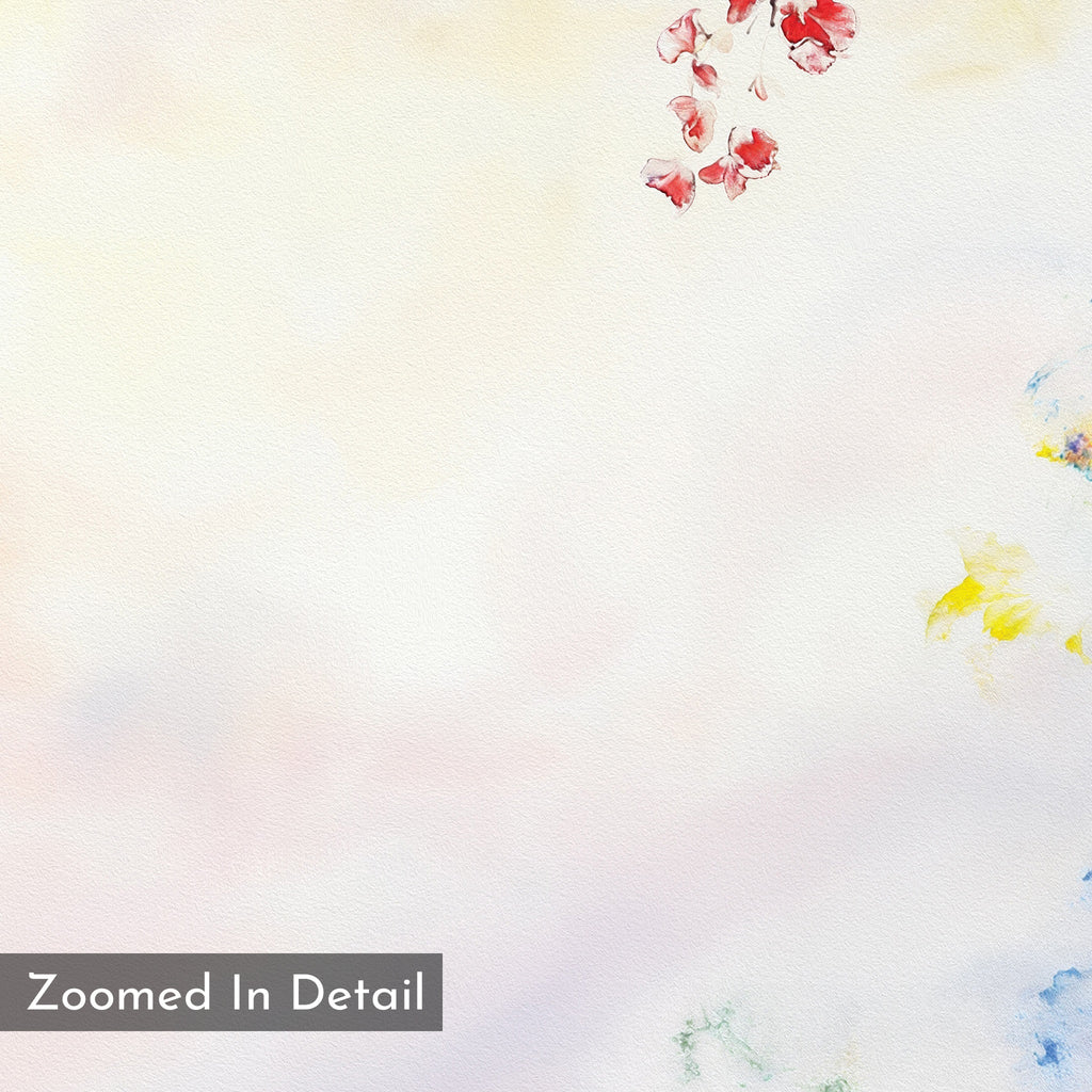 Soft watercolor background with red flowers at the top right, subtle yellow and blue hues, and a pastel gradient. "Zoomed In Detail" appears in the bottom left. Spring Reverie Canvas Art - Square is ideal for botanical wall art or floral home decor.