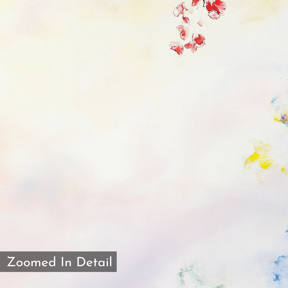 Soft watercolor background with red flowers at the top right, subtle yellow and blue hues, and a pastel gradient. "Zoomed In Detail" appears in the bottom left. Spring Reverie Canvas Art - Square is ideal for botanical wall art or floral home decor.