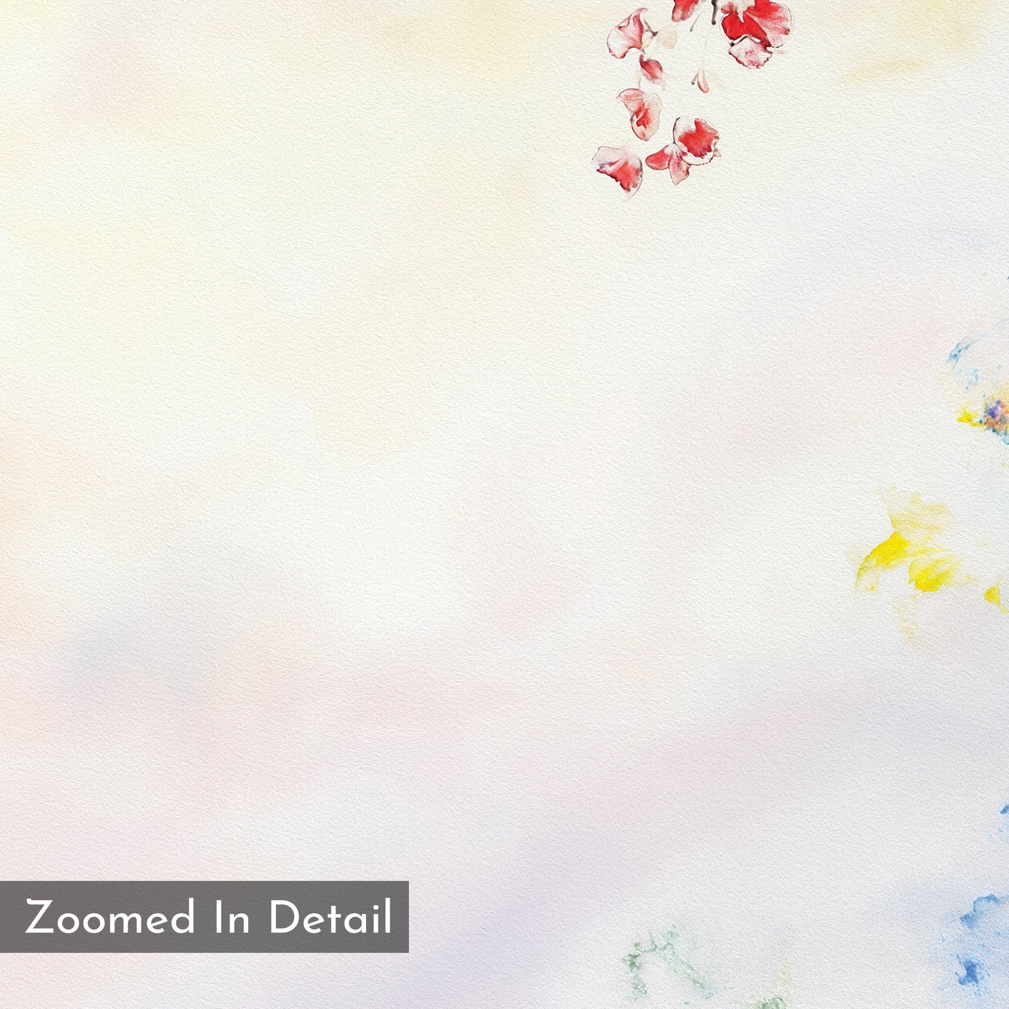 Soft watercolor background with red flowers at the top right, subtle yellow and blue hues, and a pastel gradient. "Zoomed In Detail" appears in the bottom left. Spring Reverie Canvas Art - Square is ideal for botanical wall art or floral home decor.