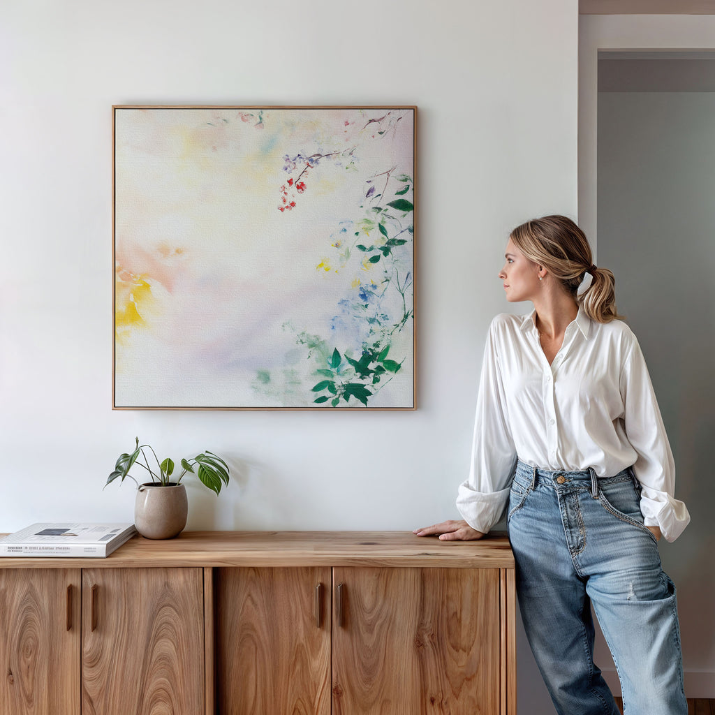 A woman in a white blouse and jeans leans against a wooden cabinet, admiring the Spring Reverie Canvas Art - Square on a white wall. A potted plant and books rest on the cabinet, adding to the cozy space with floral-inspired decor.