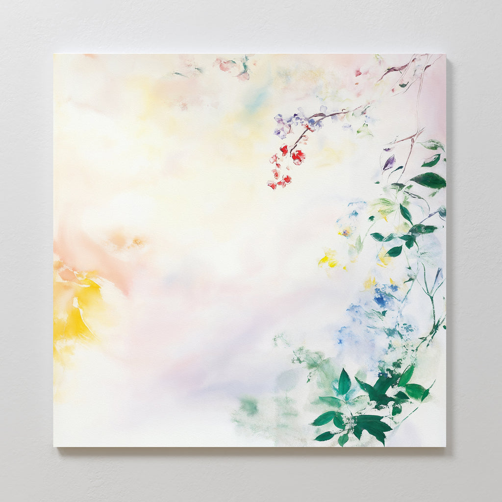 The Spring Reverie Canvas Art - Square features soft pastel blends and delicate green leaves with small flowers mainly on the right and top, creating a light, airy look—ideal as botanical wall art for floral home decor.