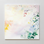 The Spring Reverie Canvas Art - Square features soft pastel blends and delicate green leaves with small flowers mainly on the right and top, creating a light, airy look—ideal as botanical wall art for floral home decor.