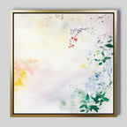 The Spring Reverie Canvas Art - Square features delicate green leaves with blue, red, and yellow flowers on a soft pastel background, creating airy and tranquil botanical wall art—ideal for floral home decor.