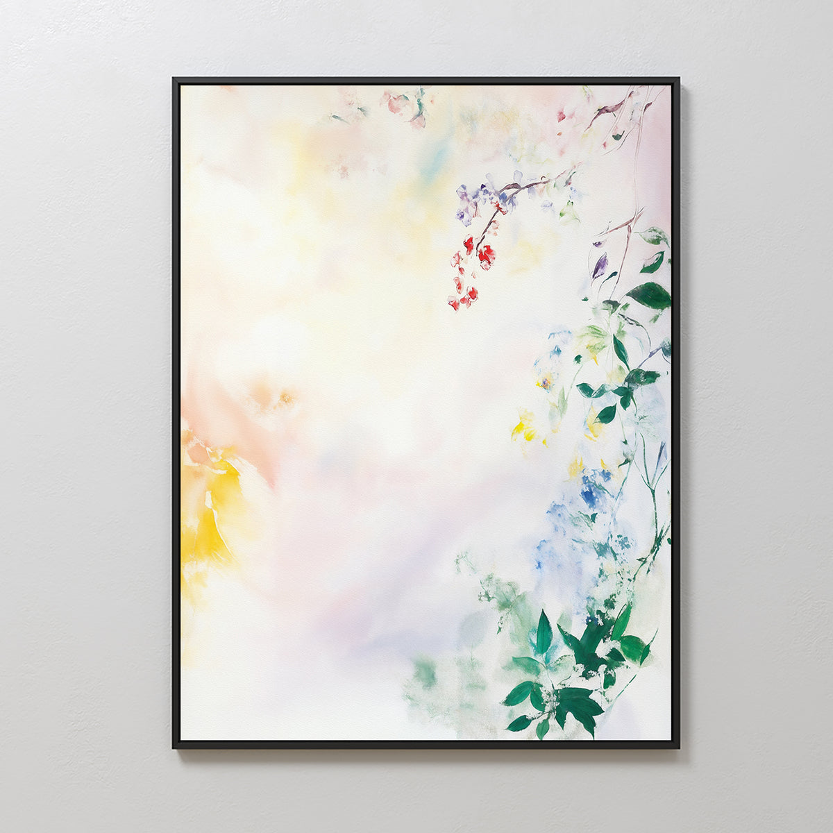 The Spring Reverie Canvas Art - Vertical is a framed watercolor print with soft pastel hues and abstract botanical elements—branches, leaves, and flowers in green, yellow, blue, and red—ideal wall art for a light-filled space.