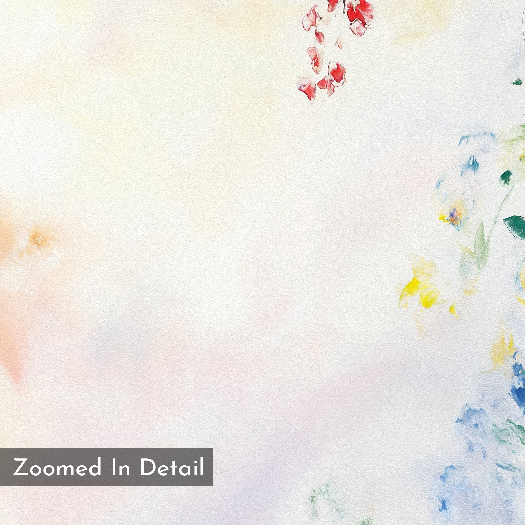 Spring Reverie Canvas Art - Vertical features a soft watercolor background with pastel shades and delicate red and blue floral accents. "Zoomed In Detail" appears in a gray box at the lower left corner, perfect for botanical wall art.