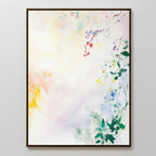 Spring Reverie Canvas Art - Vertical is a framed watercolor print with delicate green, blue, yellow, and red flowers and leaves on a pastel background—an airy botanical wall piece ideal for floral-inspired home decor.