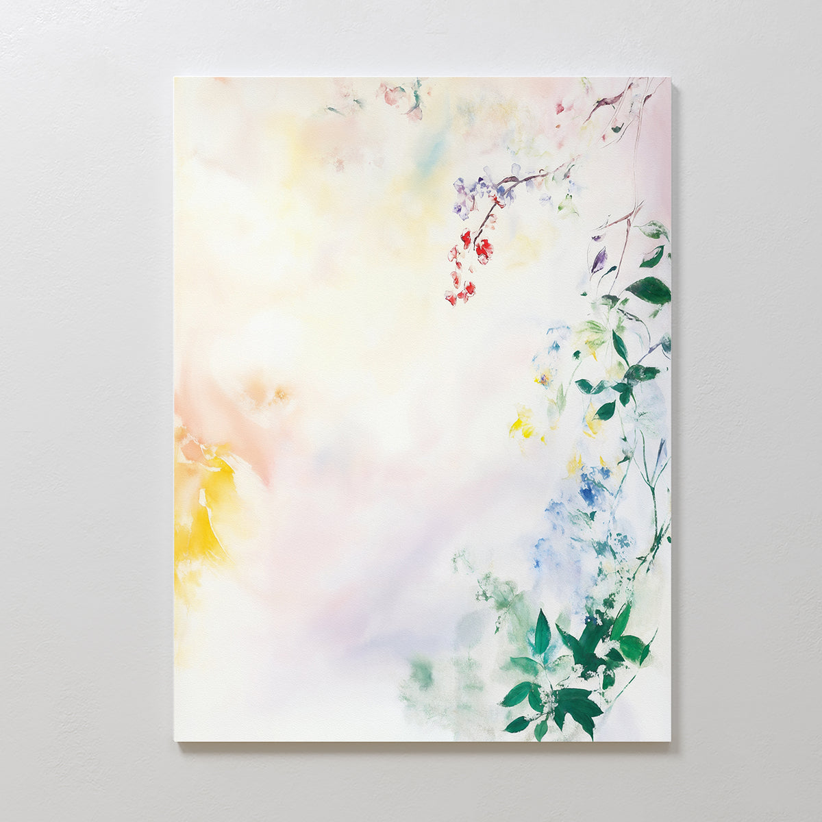 Spring Reverie Canvas Art - Vertical features delicate pastel leaves and small flowers in green, yellow, blue, and red on a crisp white background, creating airy botanical decor perfect for brightening any space.