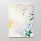 Spring Reverie Canvas Art - Vertical features delicate pastel leaves and small flowers in green, yellow, blue, and red on a crisp white background, creating airy botanical decor perfect for brightening any space.