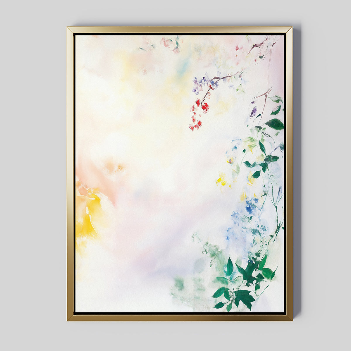 The "Spring Reverie Canvas Art - Vertical" features soft pastel watercolor branches with colorful leaves and flowers, creating elegant botanical wall art on a light, airy background.
