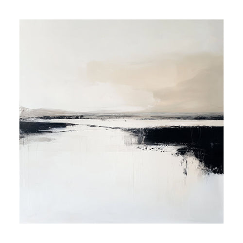 Binary Calm minimalist abstract wall art features bold black horizontal shapes against a white background with soft beige tones at the top.