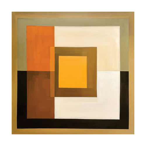 Amber Layers modern abstract wall art composed of layered squares and rectangles in shades of orange, yellow, white, brown, and black, creating a warm amber piece.