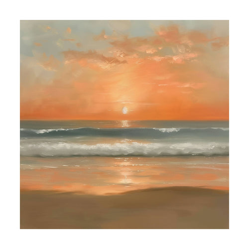 Amber Horizon oil painting of a sunset over the ocean, with soft orange light reflecting on the waves and sandy beach in this coastal wall art.