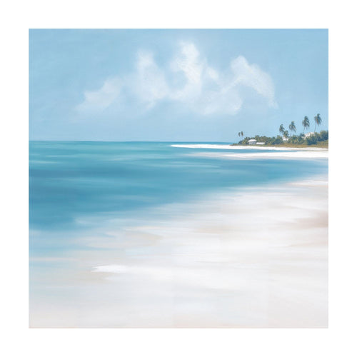 Azure Tranquility painting of a white sand beach meeting turquoise waters under a light blue sky with palm trees on the distant shore, perfect for serene bedroom decor.