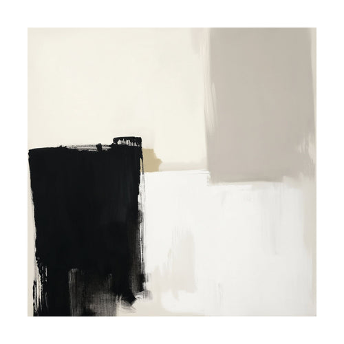 Bold Division is a minimalist abstract painting featuring a large, bold black shape set against blocks of white, cream, and gray, perfect for a contemporary print in modern living rooms.