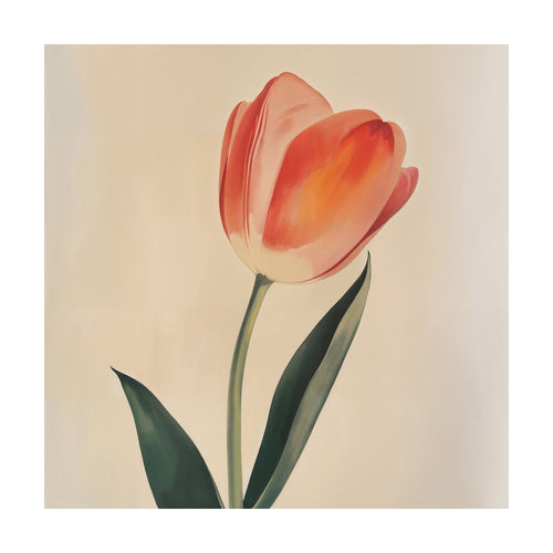 A minimalist Blush Tulip wall art print featuring a single flower with coral petals and dark green leaves against a cream background.