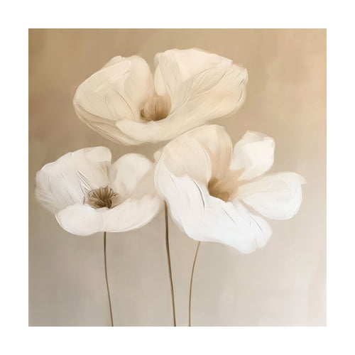 Blossom Trio oil painting featuring three white flowers on slender stems against a neutral tan background, styled as elegant minimalist wall art.