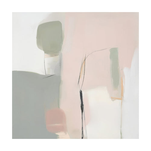 Blushed Horizon minimalist bedroom decor featuring soft brushstrokes in sage green, blush pink, and white with a thin black line accent.